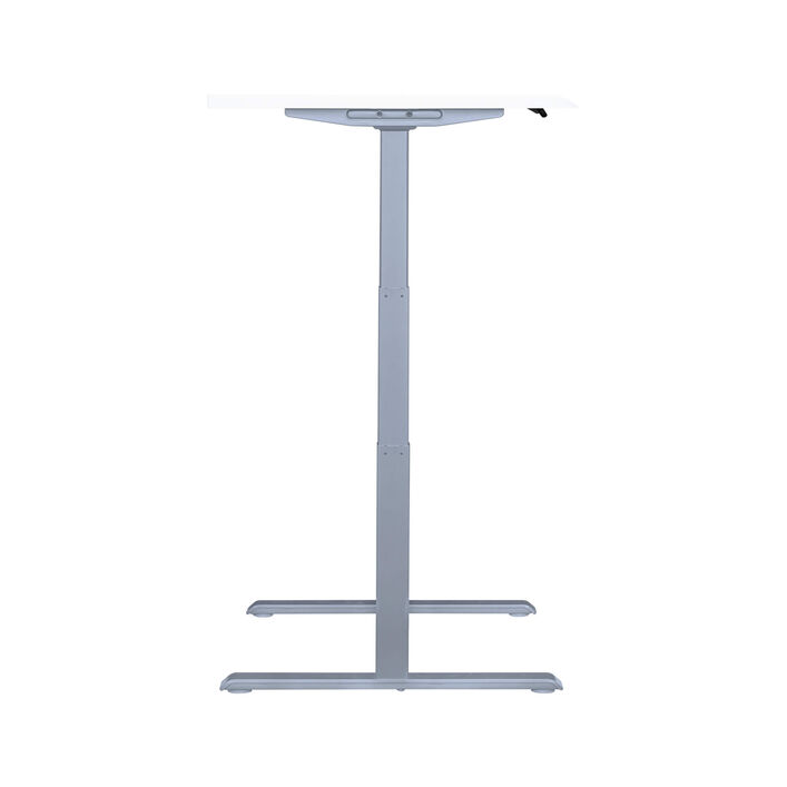side view of an electric standing desk with a white finish top and silver legs image number 2