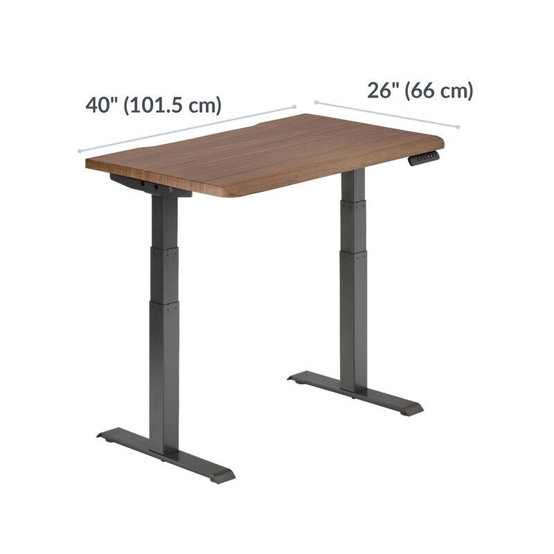 walnut standing desk with labeled dimensions: 40&rdquo; (101.5 cm) wide, 26&rdquo; (66 cm) deep image number null