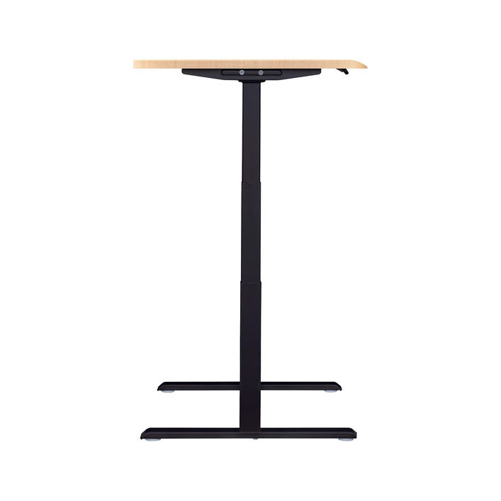 side view of an electric standing desk with a light wood finish top and black legs image number 2
