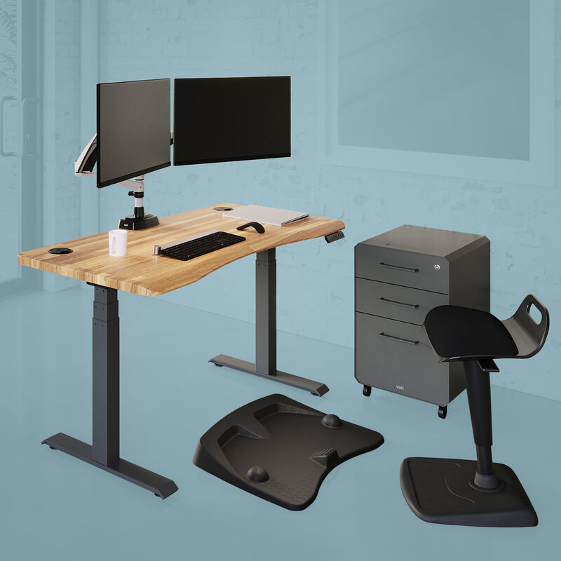 Work fit pro bundle includes an ergo electric standing desk with dual monitor arm an active mat a file cabinet and active seat image number null