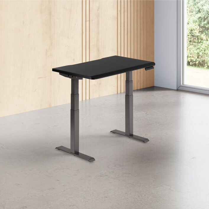 black finish standing desk top with slate legs in a open office image number 0
