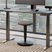 balance stool sitting in front of an electric standing desk in a office in a raised position