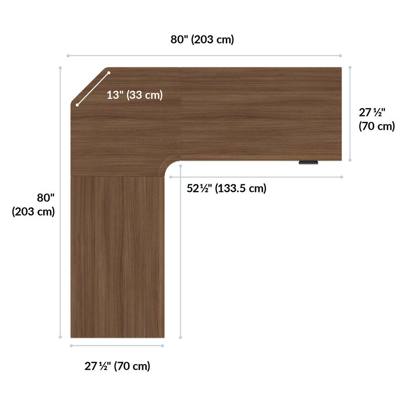 l shape electric standing desk with walnut desktop is eighty inches wide and eighty inches deep  image number null