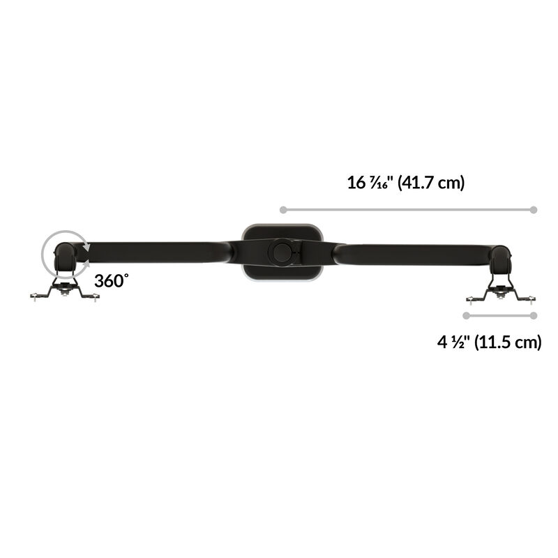 Dual monitor arm crossbar diagram showing a width of sixteen and seven-sixteenths inches, an arm length of four and one-half inches, and three hundred sixty degrees of rotation at each mount. image number null