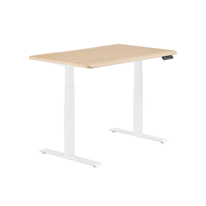 isolated image of a electric standing desk with a light wood finish top and white legs image number 1