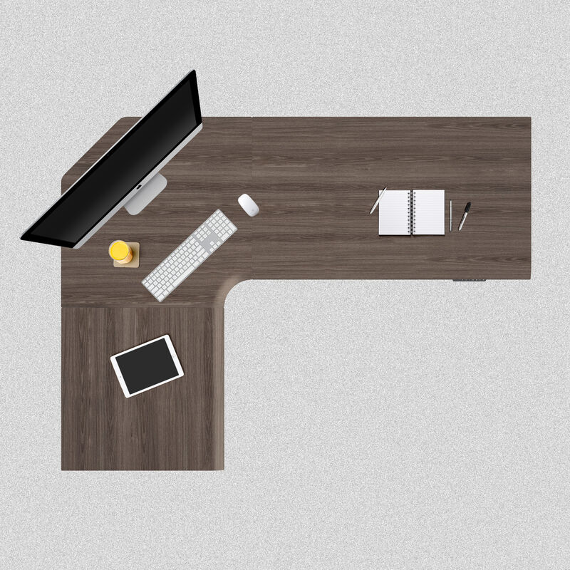 overview image of espresso wood finish l shape electric standing desk with a left return image number null