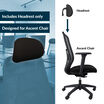 Graphic showing the headrest sold separately and how it attaches to the Ascent Chair, with labeled callouts for "Headrest" and "Ascent Chair" and text noting it includes headrest only.