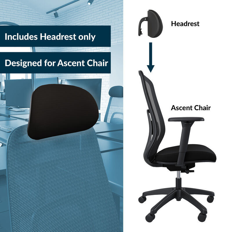 Graphic showing the headrest sold separately and how it attaches to the Ascent Chair, with labeled callouts for "Headrest" and "Ascent Chair" and text noting it includes headrest only. image number null