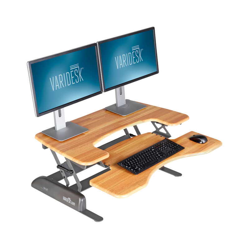VariDesk Pro Plus 36 Butcher Block sit-stand desk converter in raised position image number null