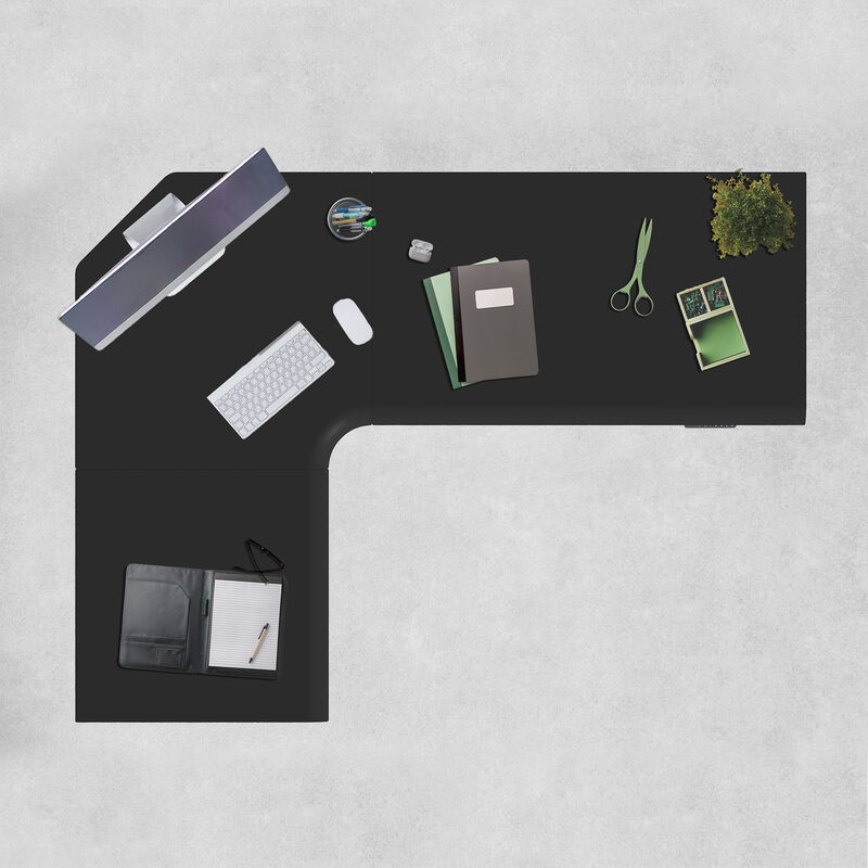 overview image of black finish l shape electric standing desk with a left return image number null