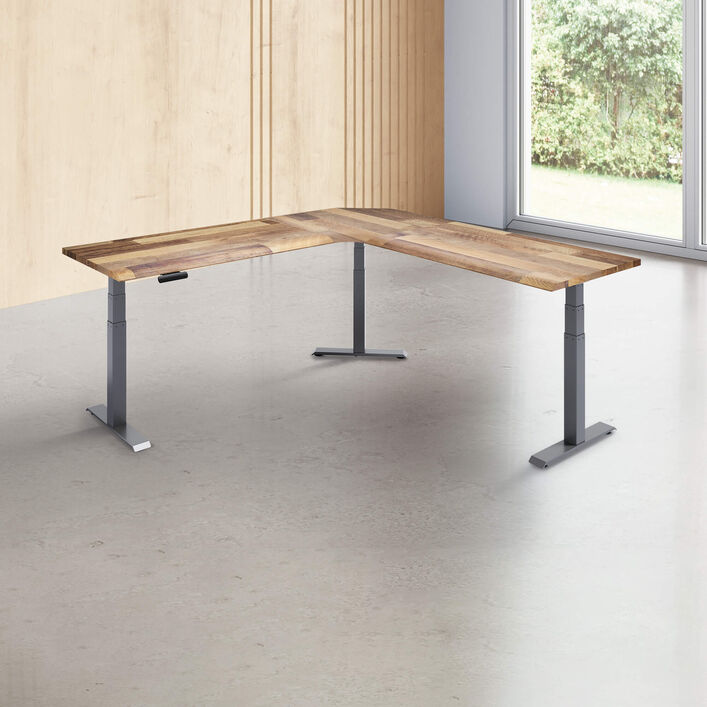 L-shape desk with a reclaimed wood finish desk top with slate legs in a open office image number 0