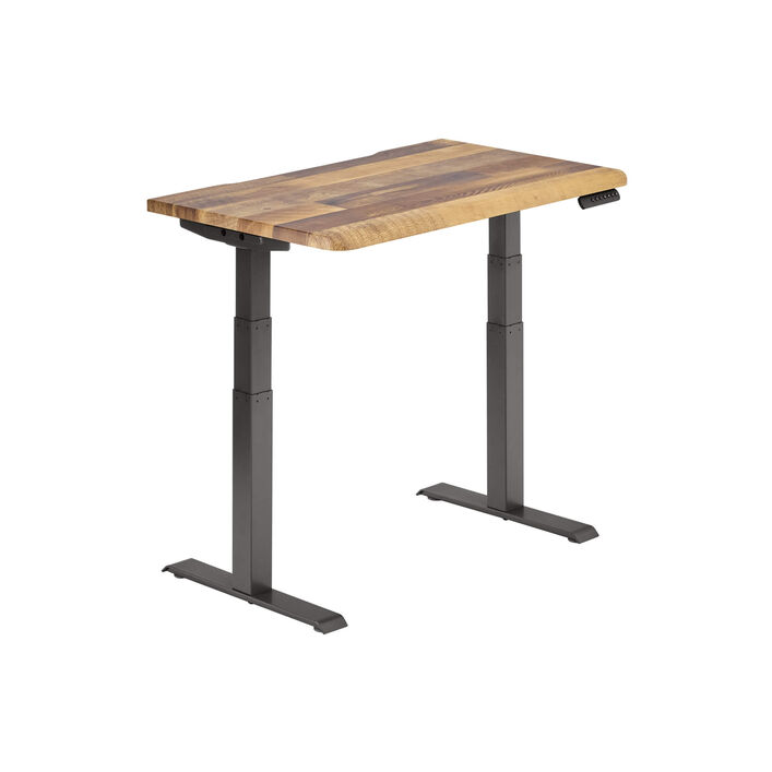 isolated image of a electric standing desk with a reclaimed wood finish top and slate legs image number 1