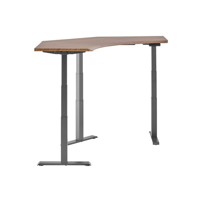 side view of an electric standing desk with a walnut finish top and slate finish legs image number 2