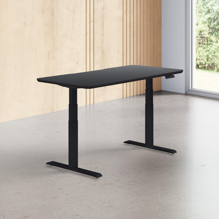 black top finish standing desk top with black legs in a open office image number 0