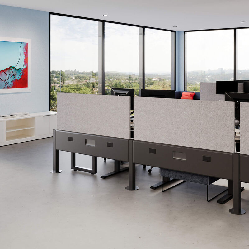 3 beam privacy panels installed on a beams in an office setting image number null