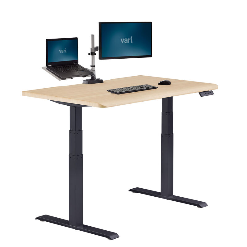 Electric Standing Desk with ComfortEdge in 48x30 light wood with black legs in raised position image number null