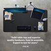 Overhead view of standing desk with a quote at the bottom of the image saying "Solid table-top and superior quality hardware. Easy to assemble. Expect to last for years."