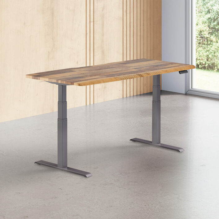 reclaimed wood finish standing desk top with slate legs in a open office image number 0