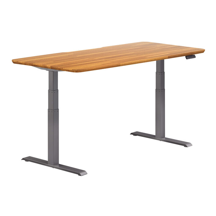 isolated image of a electric standing desk with a butcher block finish top and slate legs image number 1
