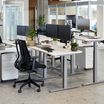 Office setting with multiple electric standing desks.
