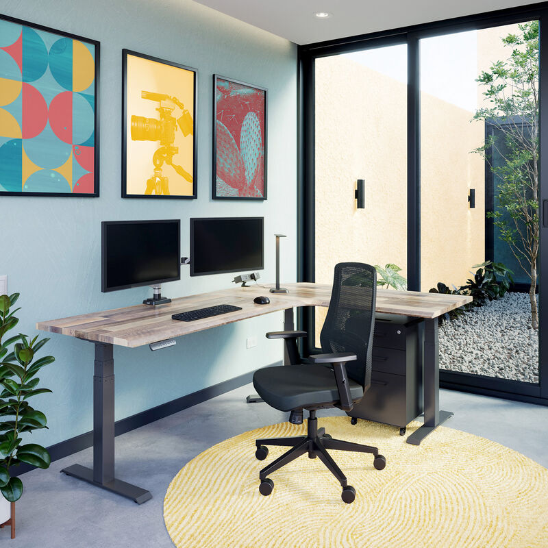 reclaimed wood finish l shape electric standing desk in an office workspace image number null