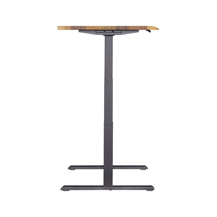 side view of an electric standing desk with a reclaimed wood finish top and slate legs image number 2