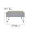 light grey ottoman is 17 and 3 quarter inches tall and 29 and a half inches wide