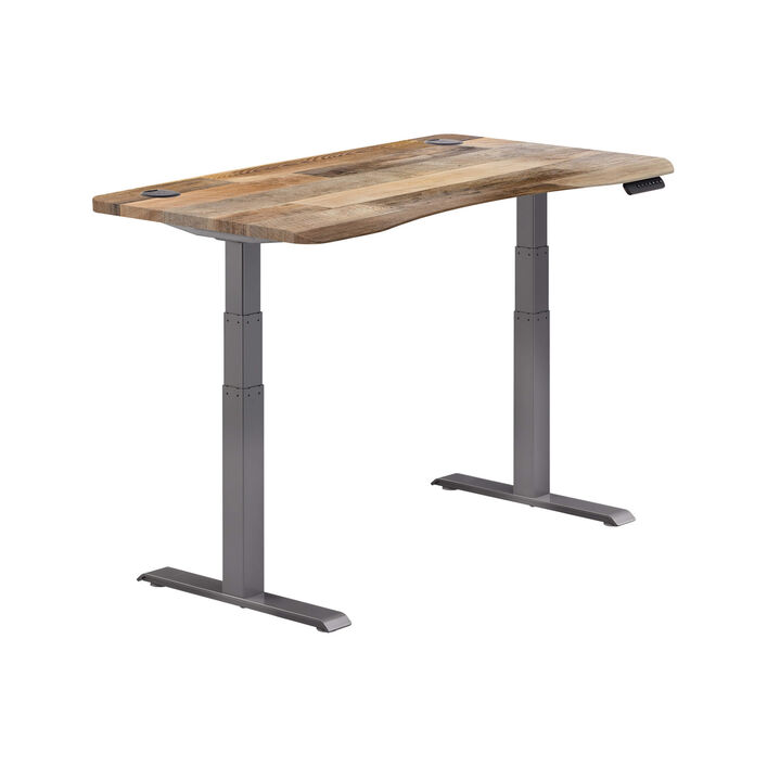 isolated image of a electric standing desk with a reclaimed wood finish top and slate legs image number 1