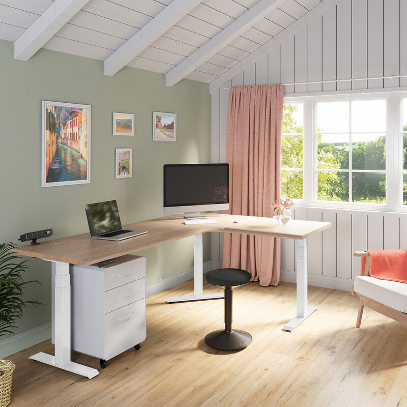 light wood finish l shape electric standing desk with white legs in a lowered position  image number null