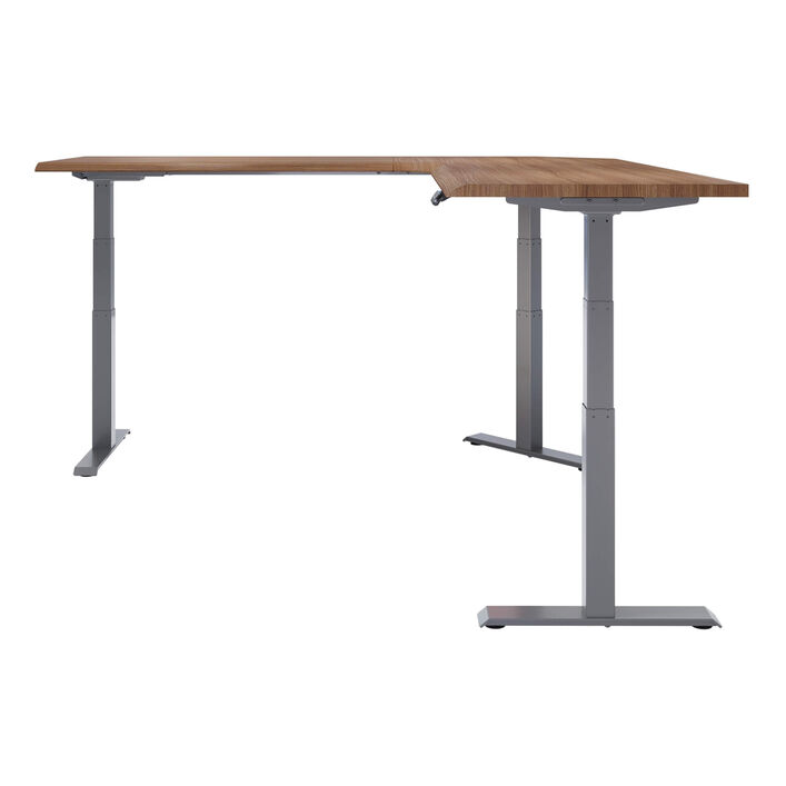 side view of an L-shape electric standing desk with a walnut finish top and slate legs image number 2