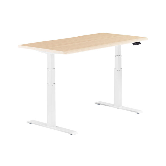 isolated image of a electric standing desk with a light wood finish top and white legs image number 1
