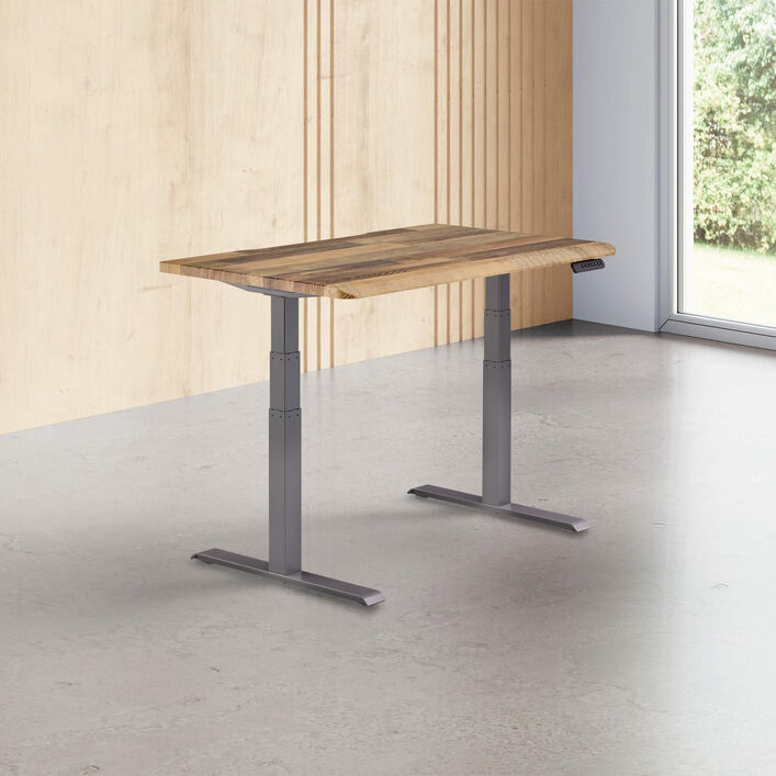 reclaimed wood finish standing desk top with slate legs in a open office image number 0