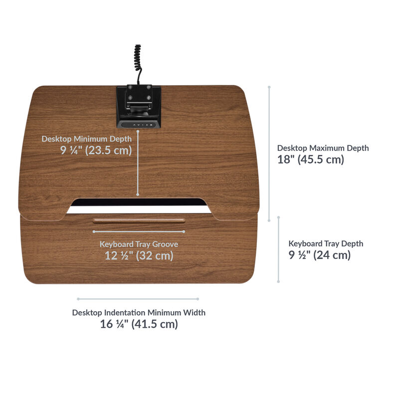 varidesk electric single monitor converter in walnut has a desktop minimum depth of 9.25 inches and a desktop maximum depth of 18 inches with a keyboard tray depth of 9.5 inches and a desktop indentation minimum width of 16.25 inches image number null