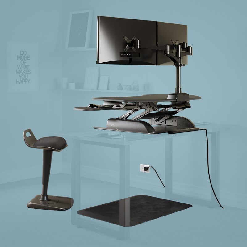 Space-Saving - Corner Converter Workspace is comprised of cube corner 36, power strip 8 feet, dual monitor arm 180 degree, active seat, and mat 34 by 20 on blue background image number null