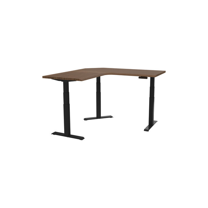 walnut top with black legs l shape electric standing desk in front of a white background image number 1
