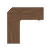 overhead view of walnut desktop l shape electric standing desk eight by eighty 
