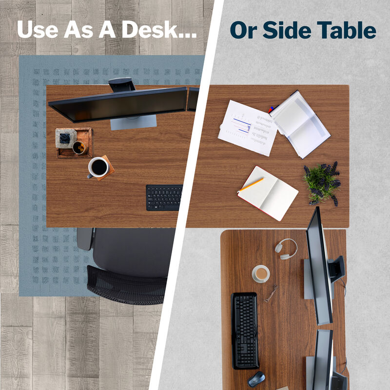 walnut finish electric standing desk with a walnut finish table return image number null