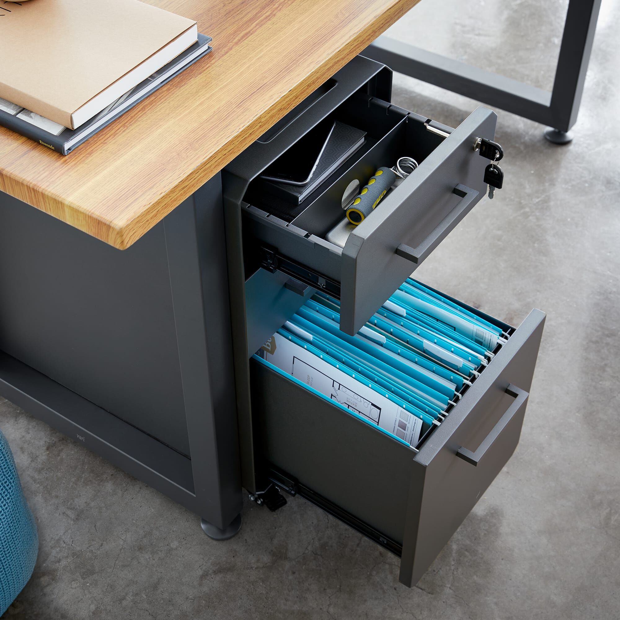 desk with filing cabinets
