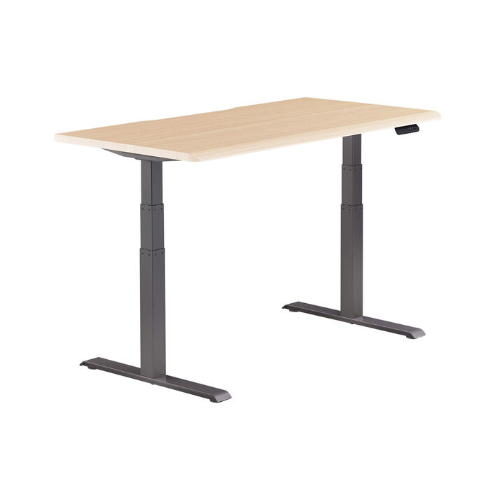 isolated image of a electric standing desk with a light wood finish top and slate legs image number 1