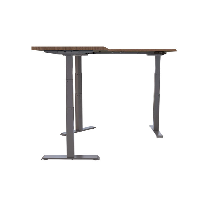 side view walnut top with slate legs l shape electric standing desk in front of a white background image number 2