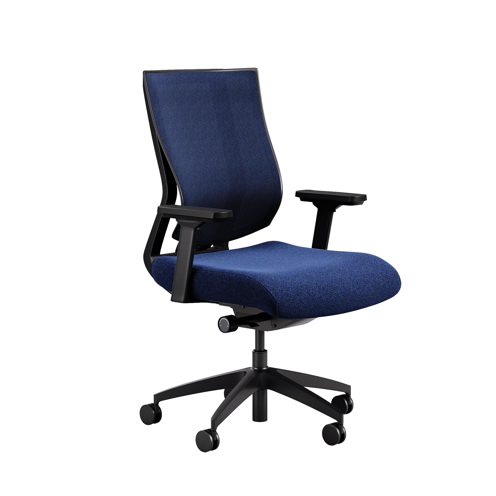 Dark blue ergonomic task chair with a five-star base.
