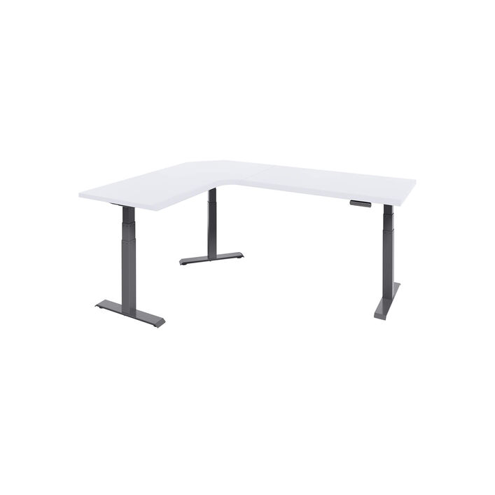 isolated image of a L-shape electric standing desk with a white finish top and slate legs image number 1