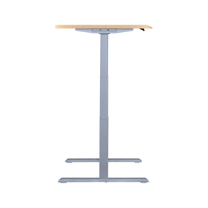 side view of an electric standing desk with a light wood finish top and silver legs image number 2