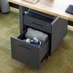 Storage Seat Slate under desk in office with bottom drawer open