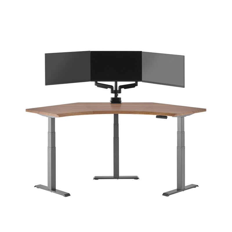 walnut finish standing desk top with slate finish legs in a open office image number null