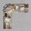 overview image of reclaimed wood l shape with office supplies on desk