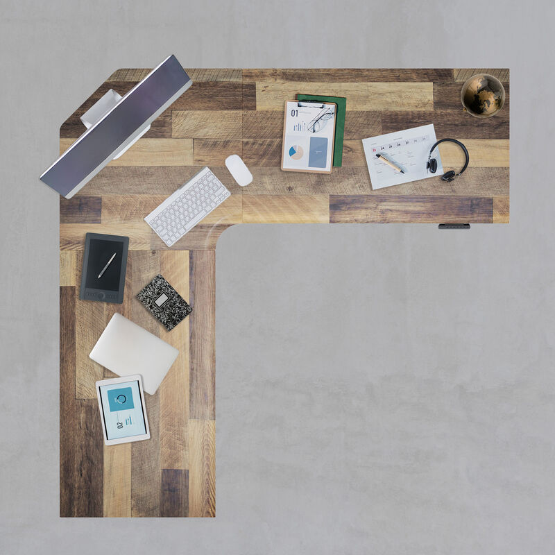 overview image of reclaimed wood l shape with office supplies on desk image number null
