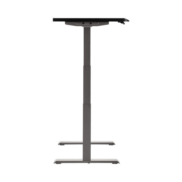 side view of an electric standing desk with a black top and slate legs image number 2