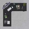 overview image of black l shape with office supplies on desk