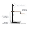 varidesk electric single monitor converter in walnut has a base height of 2.125 inches and a desktop height range of 4.5 inches to 21.33 inches with a 23 degree angle monitor mount in all directions